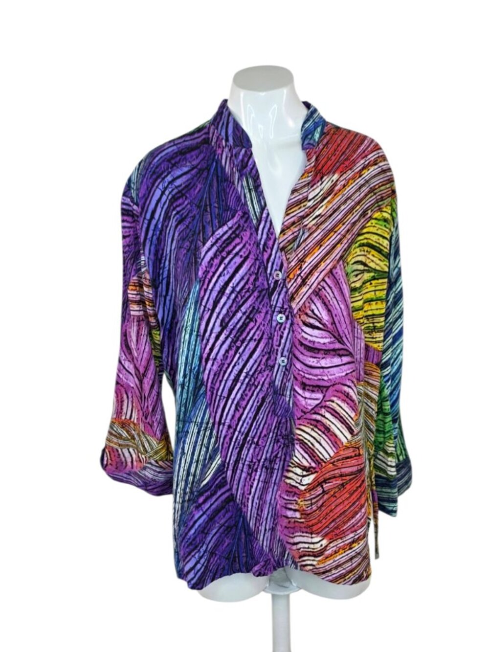 Jams World 3/4 Sleeve V-Neck Multi Colored Blouse, Button Front, Artsy, Size L